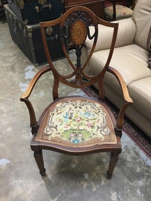 Lot 961 - Edwardian Hepplewhite Revival carved and inlaid mahogany elbow chair with shield shape back, scroll arms, needlework seat on square taper legs