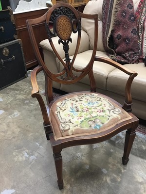 Lot 961 - Edwardian Hepplewhite Revival carved and inlaid mahogany elbow chair with shield shape back, scroll arms, needlework seat on square taper legs