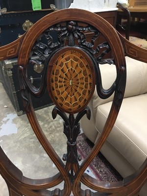 Lot 961 - Edwardian Hepplewhite Revival carved and inlaid mahogany elbow chair with shield shape back, scroll arms, needlework seat on square taper legs