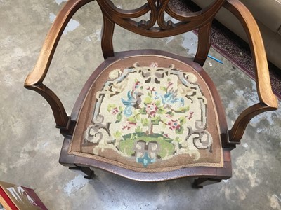 Lot 961 - Edwardian Hepplewhite Revival carved and inlaid mahogany elbow chair with shield shape back, scroll arms, needlework seat on square taper legs