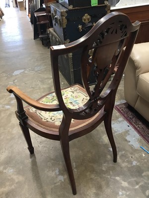 Lot 961 - Edwardian Hepplewhite Revival carved and inlaid mahogany elbow chair with shield shape back, scroll arms, needlework seat on square taper legs