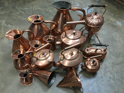 Lot 321 - Three antique copper kettles and various antique copper measures