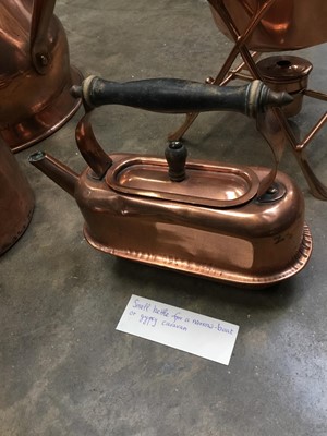 Lot 321 - Three antique copper kettles and various antique copper measures