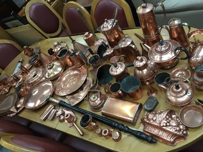 Lot 323 - Large collection of antique and later copper to include Newlyn style charger, warming pan, chamber sticks, flagons and sundry copper