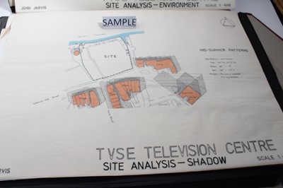 Lot 18 - Portfolio containing handdrawn plans for TVSE Television Center and Mile End Leisure Center, various elevations, foundations and site plans. Second portfolio contain 1950s/60s/ photographs Kuala Lu...