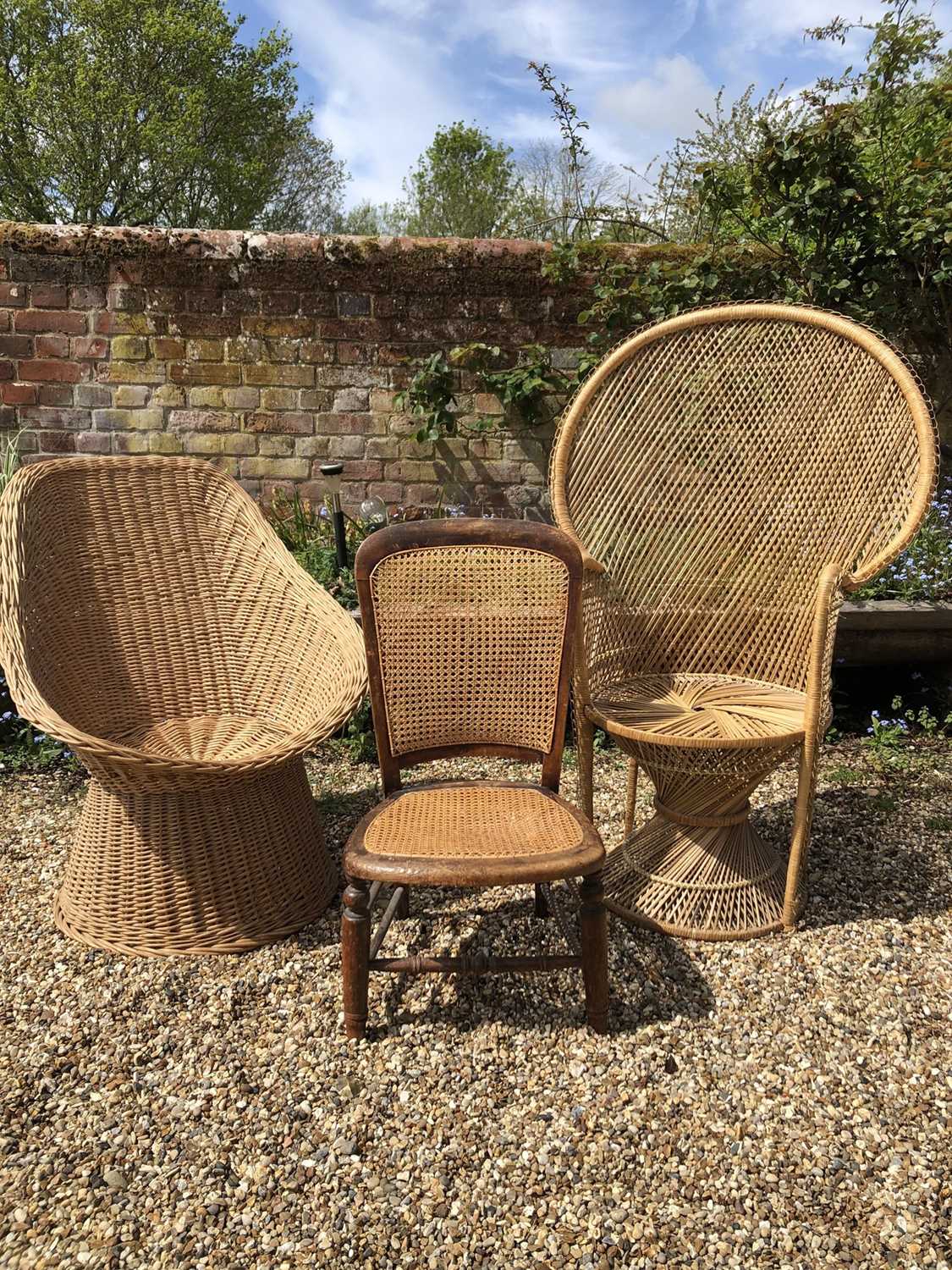 Lot 1044 - Vintage wicker peacock chair, another wicker chair and a beech and canework  chair (3)