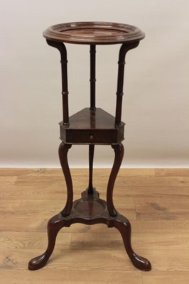 Lot 1316 - George III style mahogany shaving stand, with dished top tier and middle triangular tier with drawer, dished tier below raised on cabriole legs, 81cm high