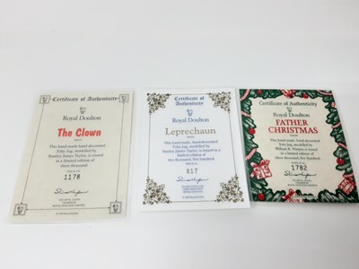 Lot 5 - Six Royal Doulten character jugs - Leprechaun D6948, The Clown D6935, father Christmas D6940, Mrs Claus D6922 and Snowman D6972, some with certificates