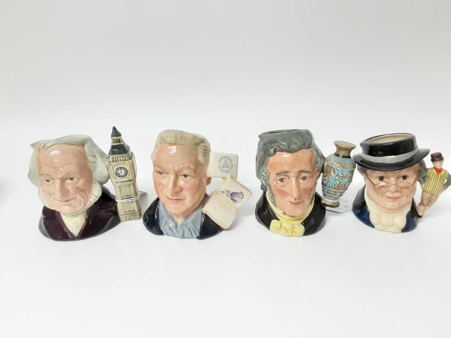 Lot 6 - Eight Royal Doulton character jugs - The Figue Collector D7156, The Jug Collector D7147, george Tinworth D7000, Albert Sagger The Potter D6745, Sir Henry Doulton D6703, Mr Pickwick D7025, John Doul...