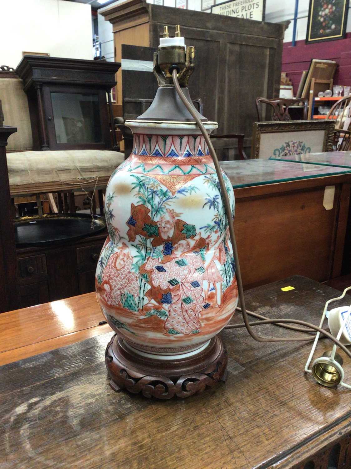 Lot 583 - Japanese Kutani porcelain vase, converted to a lamp on a wooden stand, total heigh 38cm