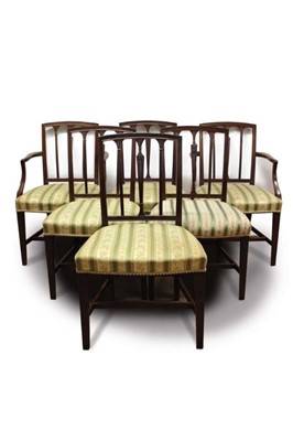 Lot 1465 - Set of eleven George III style mahogany dining chairs, each with vertical bar back and striped upholstery on square tapered legs with H-shaped stretcher, to include pair of elbow chairs