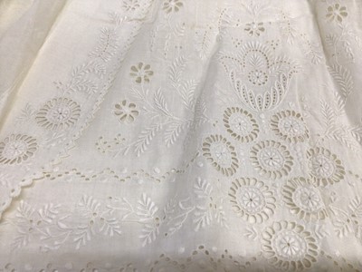 Lot 1929 - Antique White work Christening Gown with petticoat and embroidered cream wool shawl. Also an appliqued net lace wedding dress train, motifs include Thistles, Lily of the Valley, Bows and Shamrock....