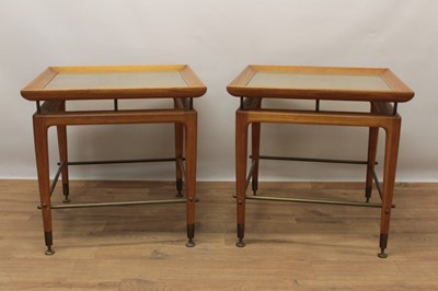 Lot 1335 - Pair of stylish eucalyptus and rattan glass topped occasional tables raised on tapered supports with metal mounts. 55cm wide x 55cm deep x 57cm high