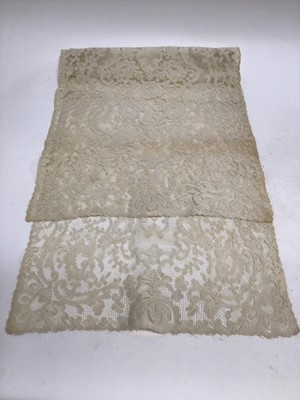 Lot 1930 - A small selection of lace including needlerun net lace stoles ans runers.  White-work Christening gown and a quantity of embroidered table linens and pillow cases.