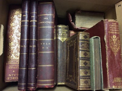 Lot 363 - Antique and later books including volumes of The Connoisseur, Shakespeare and other books with decorative bindings (2 boxes)