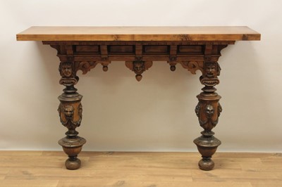 Lot 1353 - 19th century baroque style carved walnut console table, with rectangular top on mask carved frieze and conforming cup and cover supports, 122c, wide x 37cm deep x 80cm high