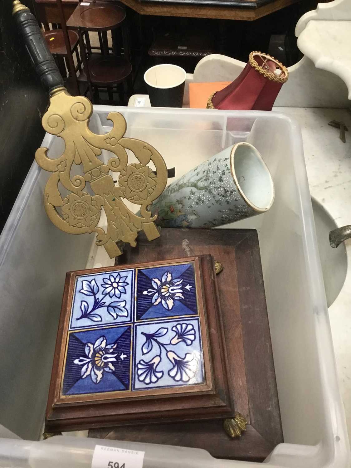 Lot 594 - Lot 19 th century boxes, brass trivet and sundries