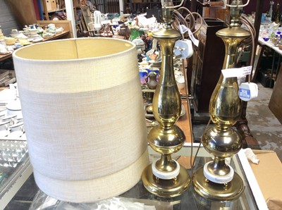 Lot 374 - Pair 1970s brass table lamps with marble disc design to base, plus two shades
