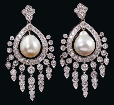 Lot 577 - Pair white gold diamond and pearl drop earrings