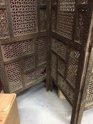 Lot 1081 - Indian carved and pierced hardwood three fold screen