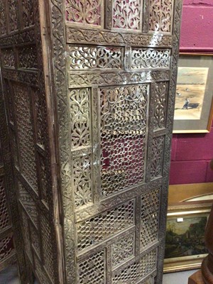 Lot 1081 - Indian carved and pierced hardwood three fold screen