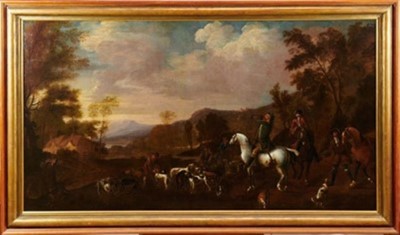 Lot 1195 - James Ross (act. 1729-1738) oil on canvas - The End of the Hunt, 80cm x 145cm, in gilt frame