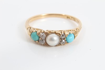 Lot 207 - Late Victorian 18ct gold pearl, turquoise and diamond ring