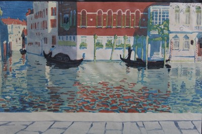 Lot 1201 - Dagmar Hooge (1870-1930), Gondeliers in Venice, signed colour woodblock print