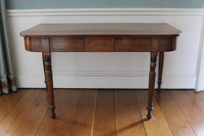 Lot 1376 - George III mahogany D-end table with reeded moulded edge, ebony stringing and ring turned tapered legs, 133cm wide x 70cm deep x 73cm high