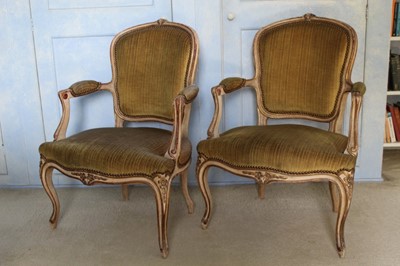 Lot 1396 - Pair of early 20th century French salon open elbow chairs