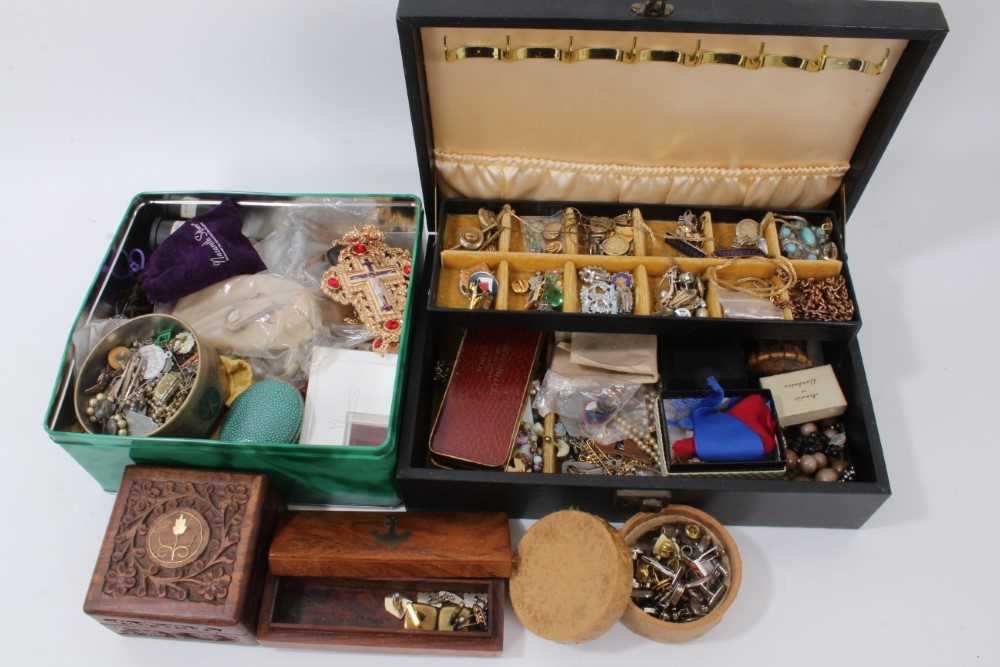 Lot 126 - Jewellery box and tin containing quantity costume jewellery including vintage necklaces, badges and pins, cufflinks and bijouterie