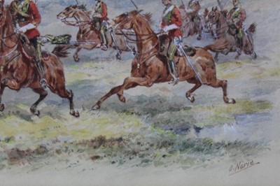 Lot 1022 - Orlando Norrie (1832-1901) watercolour - 16th The Queen’s Lancers, signed, in glazed frame