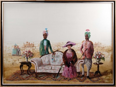 Lot 1041 - Patrick Hockey (1948-1992) oil on canvas - seated lady with attendants, signed, framed