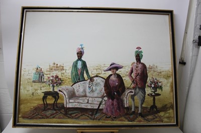 Lot 1041 - Patrick Hockey (1948-1992) oil on canvas - seated lady with attendants, signed, framed