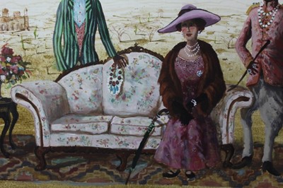 Lot 1041 - Patrick Hockey (1948-1992) oil on canvas - seated lady with attendants, signed, framed