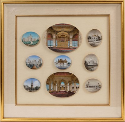 Lot 822 - Fine collection of 19th century Indian miniatures on ivory depicting Palaces, framed as one m