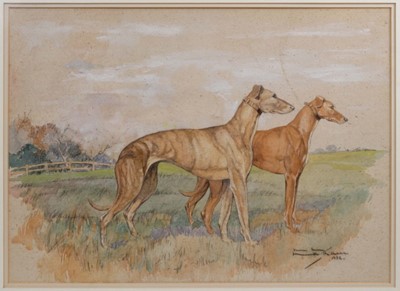 Lot 1034 - Molly Maurice Latham (c.1900-1987) watercolour - two greyhounds in landscape, signed, in glazed frame