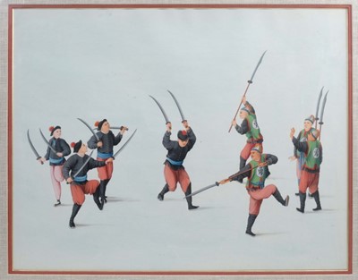 Lot 824 - Set of four antique Chinese School watercolours - Warriors, in glazed gilt frames