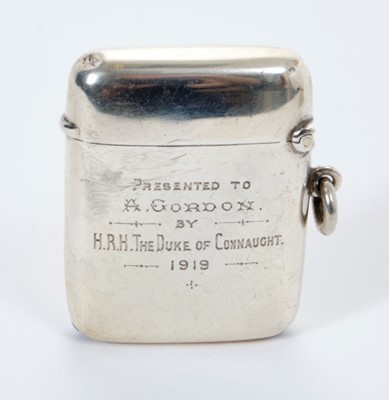 Lot 3 - H.R.H. Prince Arthur Duke of Connaught, Royal presentation silver vesta case with engraved Crowned AW cipher and inscription 'Presented to A.Gordon  by H.R.H. The Duke of Connaught 1919' ( Birmingh...