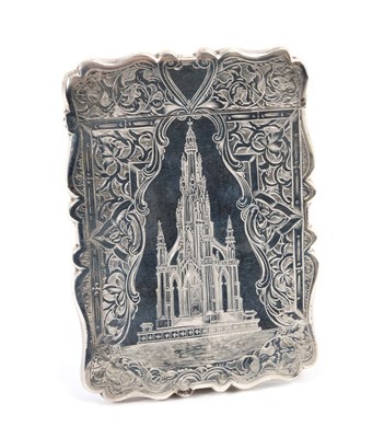 Lot 315 - Victorian silver card case of rectangular form, engraved with scene the Scott Memorial