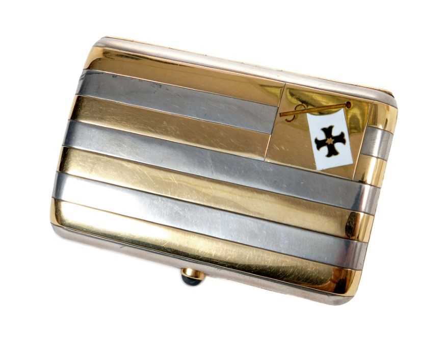 Lot 5 - Good quality Edwardian silver and yellow metal striped cigarette case with enamelled pennant and cabochon blue stone button release , with presentation inscription to gilded interior' Minima Yacht...