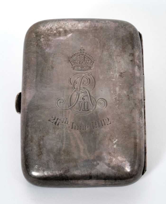 Lot 6 - The Coronation of King Edward VII, silver cigarette case with engraved Crowned ER VII cipher and '26th June 1902' and engraved arms of the Cutlers Company (Sheffield 1901, Walker Hall) 9 x 6.5 cm