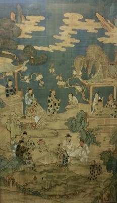 Lot 837 - Large 19th century Chinese painting on silk depicting domestic scenes, in glazed frame