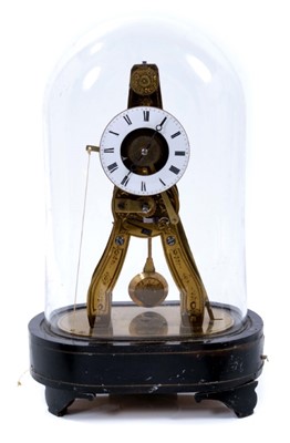 Lot 755 - 19th century French brass Skeleton-type alarm clock, under glass dome