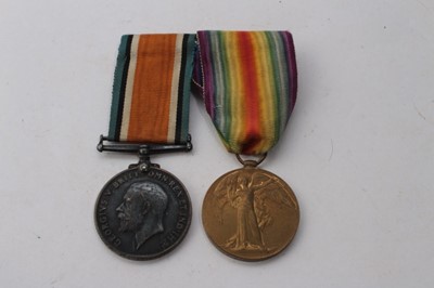 Lot 701 - First World War pair comprising War and Victory medals named to 45299 Pte. C. A. Callaway. Suff. R. (Mounted on bar)