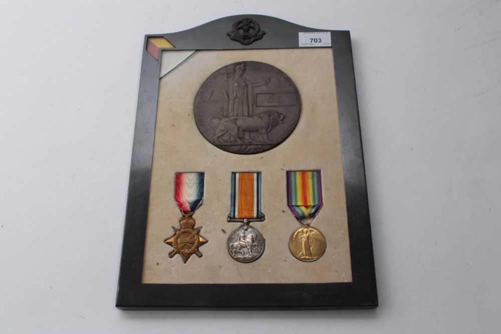 Lot 703 - First World War Memorial (Death) plaque named to Sidney Burrell together with 1914 - 15 Star trio comprising, 1914 - 15 Star, War and Victory medals named to 2. Lieut. S. Burrell Midd. X. R, mounte...