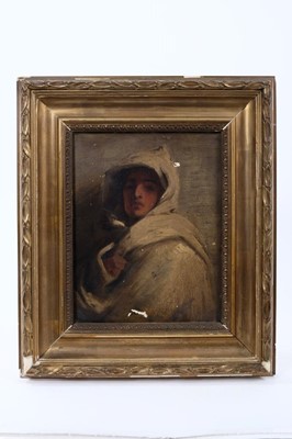 Lot 1354 - Attributed to Henry Jones Thaddeus (1859-1929) oil on panel, half length portrait of a man in hooded gown, unsigned, 23 x 18cm, framed. Provenance: by family descent from Henry Jones Thaddeus