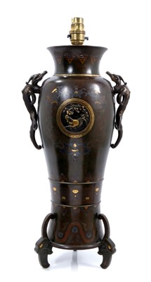 Lot 851 - Fine quality late 19th / early 20th Japanese bronze and metal inlaid vase converted to a lamp