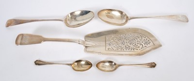 Lot 496 - Pair George III silver tablespoons,William IV fish slice and two 1920s teaspoons