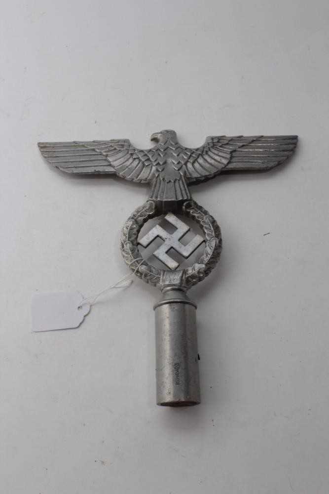 Lot 714 - Second World War period Nazi aluminium civic standard mount in the form of an Eagle clutching a laurel wreath with central Swastika, stamped RZM M4/40/38, 25cm in overall length